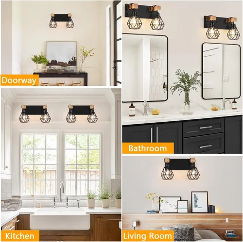 Miniatura 6 de FadimiKoo Aplique de pared de baño de madera de estilo rústico de 2 luces, accesorio de iluminación de tocador de granja para baño, lámpara de pared