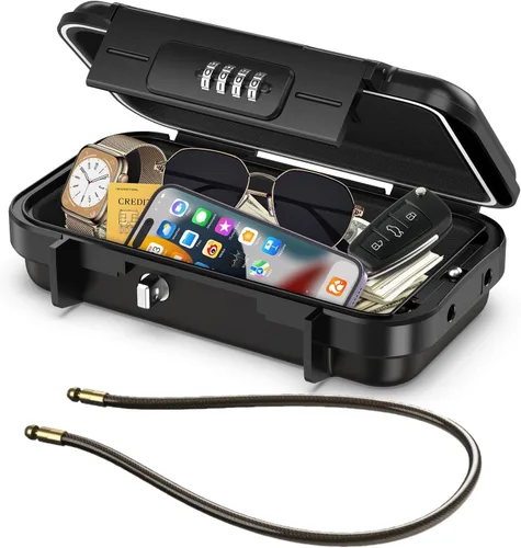 LOFICOPER Caja de seguridad portátil, caja de seguridad de 4 dígitos, caja de seguridad de playa con cadena extraíble, diseño impermeable, para
