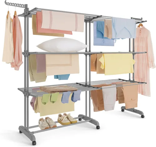 Miniatura 12 de SONGMICS Soporte de secado de ropa de 4 niveles, estante de secado de ropa plegable de 68.1 pulgadas de alto, acero inoxidable, estante de secado