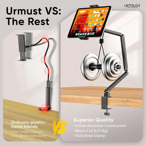 Miniatura 7 de Urmust Soporte de pared para tableta para iPad, rotación de 360°, soporte ajustable para tablet con brazo extensible de aluminio, para iPad