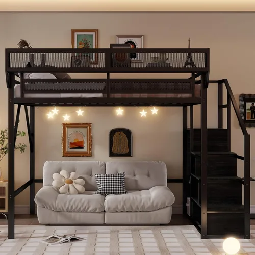 Miniatura 9 de Base de cama Queen Loft con escaleras y almacenamiento, marco de cama de metal resistente, capacidad de 800 libras, para adultos y adolescentes
