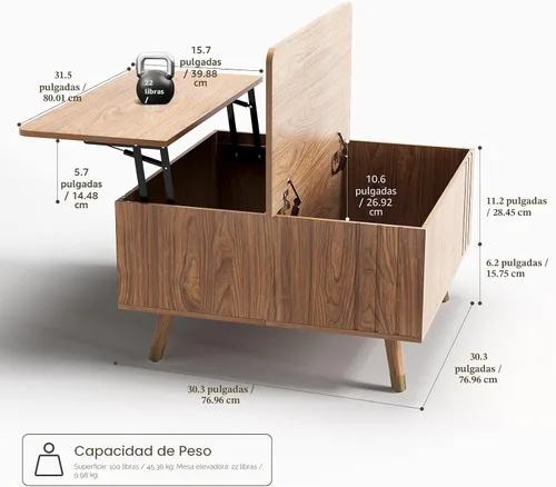 Miniatura 2 de JOINICE - Mesa auxiliar cuadrada con tapa elevable para sala estar u oficina en casa, con almacenamiento, compartimento oculto, estilo moderno Nogal