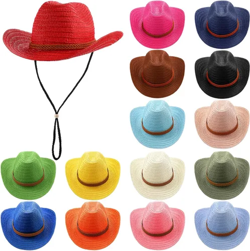 Suhine 15 sombreros de vaquero de paja para hombres y mujeres, coloridos sombreros de fiesta occidental a granel, protección solar a granel, vaquera