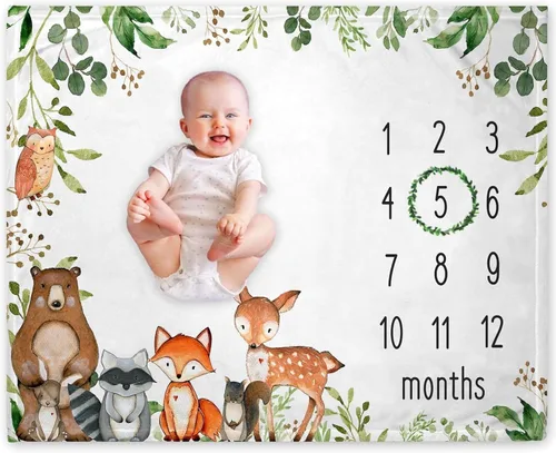 Yuzioey Woodland Baby - Manta mensual de hitos de animales del bosque, manta mensual de crecimiento del bebé, Watch Me Grow Woodland Forest Nursery