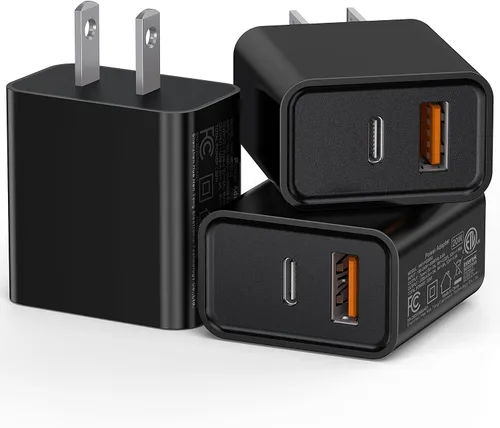 Paquete de 3 cargadores tipo C, enchufe de pared USB C de doble puerto de 20 W PD y QC3.0 USB A bloque de carga rápida para Samsung Galaxy S24
