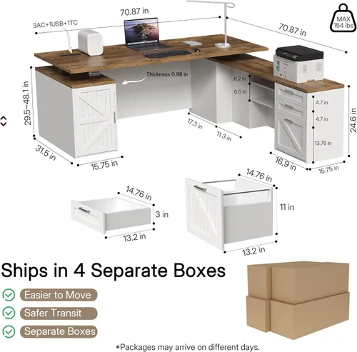 Miniatura 2 de Escritorio ejecutivo en forma de L de 78 pulgadas con archivador y cajones de salida USB, escritorio ejecutivo moderno de doble motor de altura