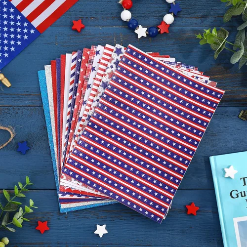 Miniatura 7 de Whaline 14 hojas de piel sintética para el 4 de julio, diseño de estrellas y rayas, cuero sintético con lentejuelas y lentejuelas, manualidades