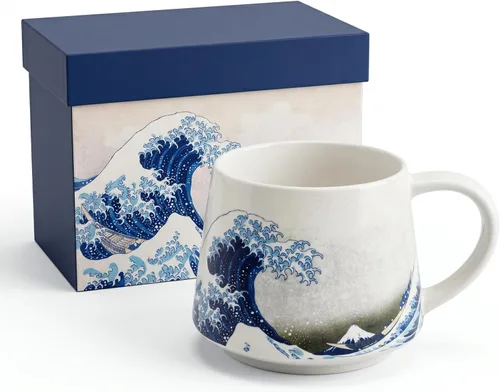 Miniatura 11 de DUSVALLY - Taza de viaje de cerámica de 17 onzas con tapa y asa, taza de café de gran ola, taza de té de arte japonés, apta para microondas