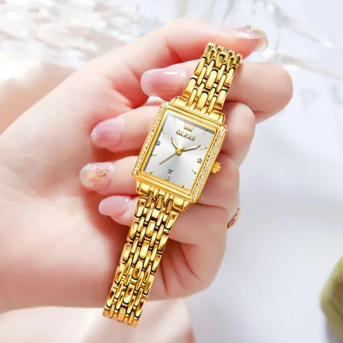 Miniatura 7 de OLEVS Reloj de mujer de oro de acero inoxidable, reloj de cara cuadrada pequeña con decoración de diamantes, reloj de vestir de cuarzo analógico