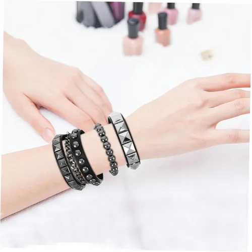Miniatura 5 de NOLITOY 4pcs Punk Multilayered Bracelet with Studded Rivets Adjustable Vintage Style Faux Leather Wristband for Street Fashion Daily Wear and Goth