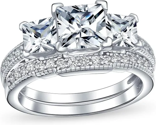 Vintage Art Deco Style 2-3CT Three Stone Round Brilliant Solitaire Cut AAA CZ Engagement Ring & Wedding set For Women Intricate Heirloom Filigree