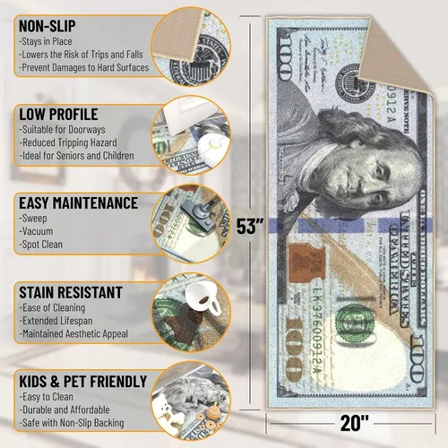 Miniatura 2 de Tapete largo y moderno con diseño de billetes de $100, tapete con respaldo de caucho antideslizante y lavable a máquina para pasillo, cocina
