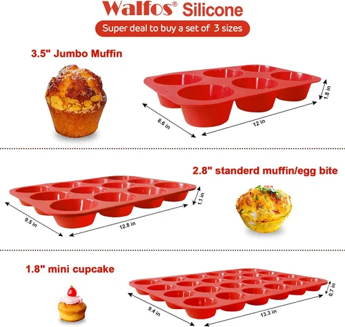 Miniatura 2 de Walfos Molde de silicona para magdalenas, juego de 3 moldes para magdalenas, incluye 24 tazas de mini moldes para muffins, 12 tazas regulares y 6