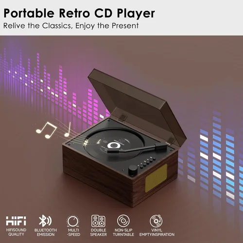 Miniatura 2 de Reproductor de CD portátil para el hogar con Bluetooth 5.3, altavoces duales de alta fidelidad, AUX de 3.5mm, reproducción USB Reproductor de CD