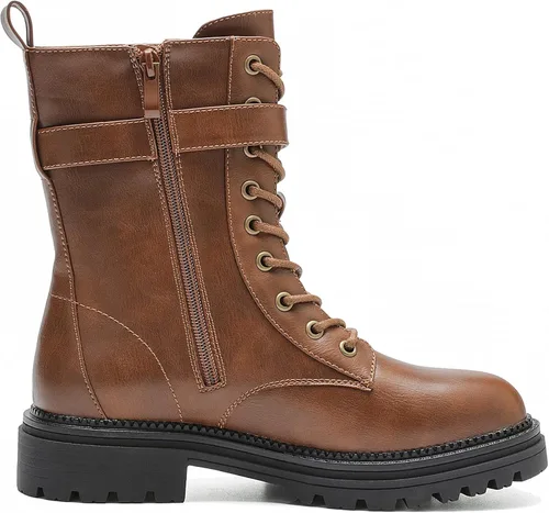 Miniatura 3 de CentroPoint Botas de combate con cordones para mujer, tacón bajo, media pantorrilla, botas militares, punta redonda, cremallera lateral, hebilla al