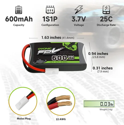 Miniatura 2 de OVONIC Batería Lipo de 3.7V 25C 600mAh 1S [1 paquete que incluye 6 baterías]