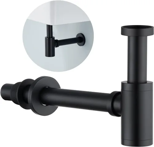 Fregadero de baño de latón P Trap: Trampa para fregadero de 1-1/4 con altura ajustable - Trampa P de botella redonda negra mate con tubo de