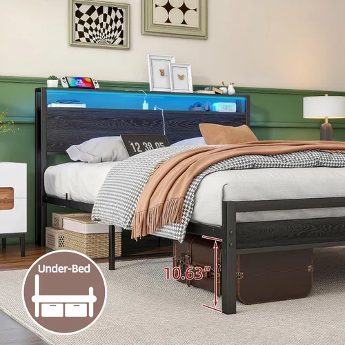 Miniatura 7 de BOFENG Base de cama Queen con cabecera de almacenamiento, marco de cama de plataforma de metal tamaño Queen con luces LED, estación de carga,