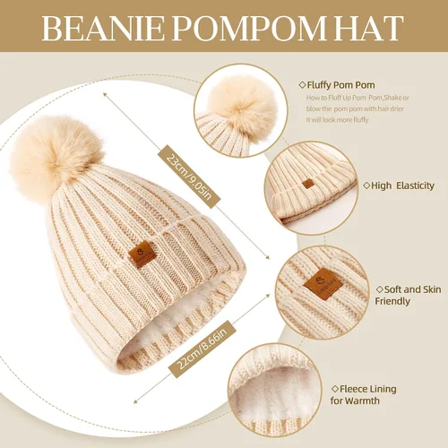 Miniatura 2 de Coolprince Gorro de invierno para mujer, bufanda larga, guantes para pantalla táctil, con forro polar, gorro de punto cálido con pompón
