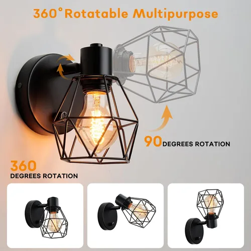 Miniatura 3 de Lightess Aplique de pared negro con interruptor de atenuación y apagado, lámpara de pared vintage con cabezal ajustable, lámpara de pared industrial
