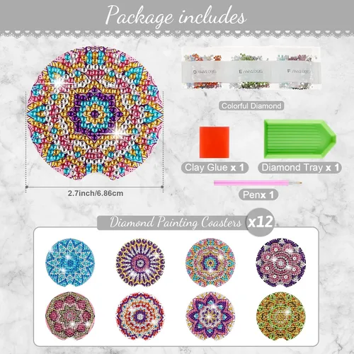 Miniatura 2 de Kajaia 8 posavasos de auto con pintura de diamante con base de corcho, posavasos de mandala, kits de arte de pintura de diamante, suministros