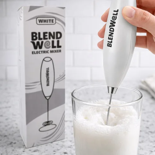 Miniatura 5 de BlendWell Espumador de leche eléctrico para matcha y café, mezclador de bebidas de mano con batería, con soporte, batidor de acero inoxidable, blanco
