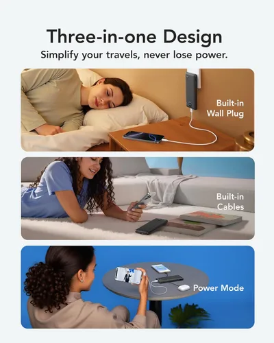 Miniatura 5 de VRURC Cargador Portátil con Enchufe de Pared, 10000mAh Cargador Portátil Delgado con Cables Integrados, PD 20W Banco de Energía de Carga Rápida