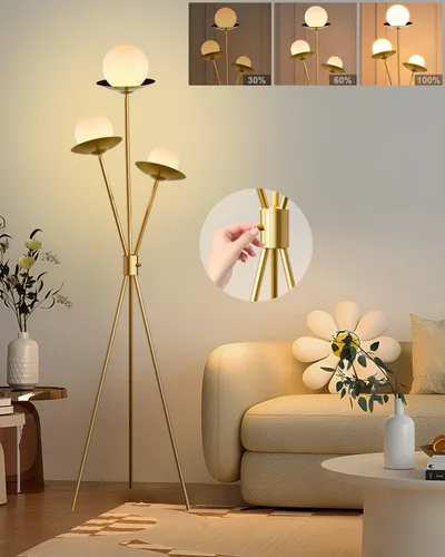 Miniatura 19 de Lámpara de pie moderna de cristal de 3 luces, lámpara alta de pie dorada con pantalla de vidrio de piña roja profunda, lámpara de pie LED regulable