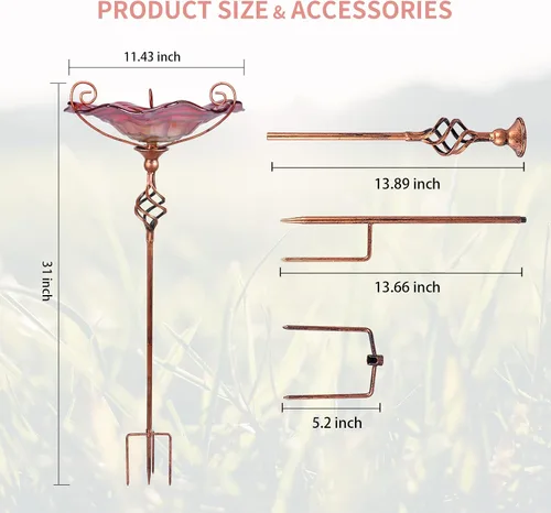 Miniatura 4 de VCUTEKA Baño para pájaros, bañeras de cristal para pájaros para exteriores, comedero de pájaros con estaca de metal, decoración de jardín, rojo