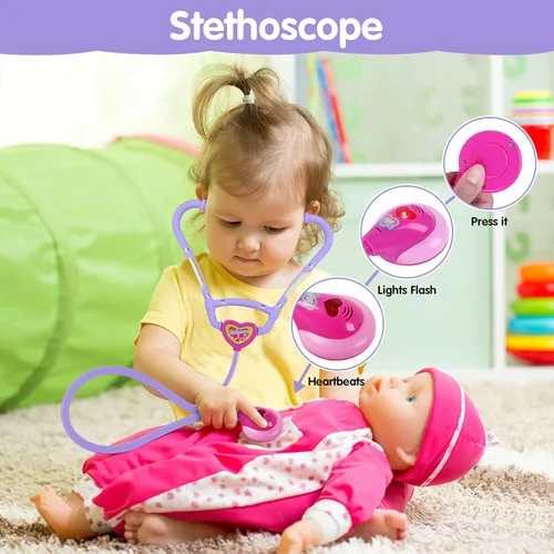 Miniatura 6 de GINMIC Kit de médico para niños pequeños de 3 a 5 años, 22 piezas con juego de rol de Halloween, disfraz de médico y funda de transporte para niños