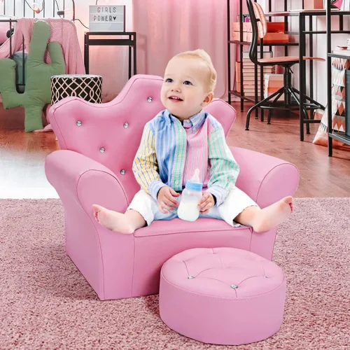 Miniatura 2 de Sofá para niños de Costzon, sofá tapizado para niños con otomano, sofá de princesa con decoración de diamantes, otomano, silla para niños de PVC