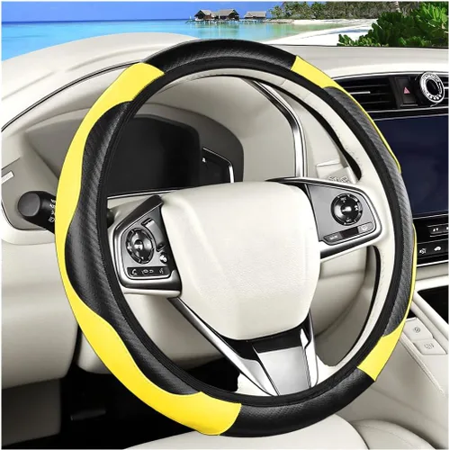 Miniatura 16 de Funda de fibra de carbono para volante de automóvil, protector elástico para volante de automóvil de 14.5 a 15 pulgadas, estilo deportivo