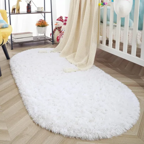 Miniatura 14 de ISEAU Alfombra ovalada esponjosa, moderna de felpa lanuda para dormitorio de niños, extra cómoda, bonita, alfombra de noche para habitación de niños