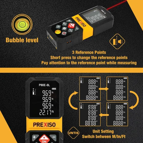 Miniatura 4 de PREXISO Medidor de distancia láser recargable de 265 pies con unidades de medición múltiple M/in/ft, pantalla LCD retroiluminada de 4 líneas y modos