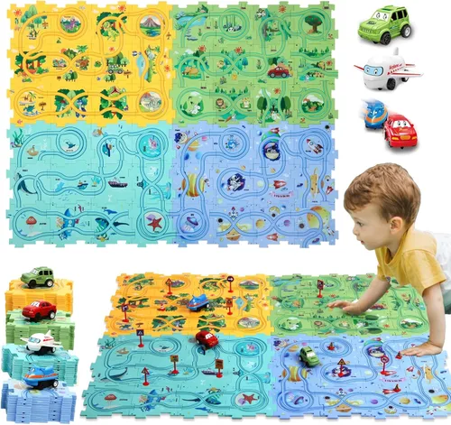 Miniatura 8 de Regalo de cumpleaños para niño de 4 años, Set de pista de autos de carreras con rompecabezas para niños, Set de pista de autos Puzzle Racer