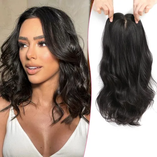Miniatura 8 de PANEWAY Toppers para el cabello para mujer, cabello humano real, Remy con base de seda, base grande de 14 pulgadas, atado a mano, pieza gruesa