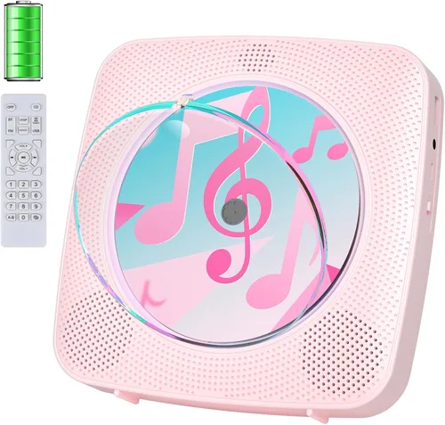 Reproductor de CD portátil Bluetooth recargable: reproductores de CD para el hogar Kegaudio 1800mAh reproductor de CD de pared de escritorio con Rosa