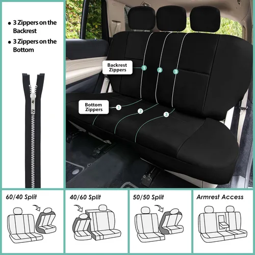 Miniatura 7 de Fundas para asiento de PU para carro de 3 filas FH Group FH-PU002, compatibles con airbag y división de asientos Negro