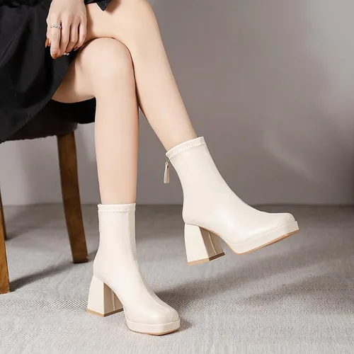Miniatura 4 de RiceelSor Botines de tacón alto grueso para mujer, con cremallera lateral, punta cuadrada, impermeables, cómodas, con soporte de arco para oficina