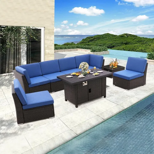 Miniatura 2 de Juego de 8 muebles de patio al aire libre con mesa para fogata de propano de 46 pulgadas, muebles de mimbre de polietileno marrón, sofá seccional