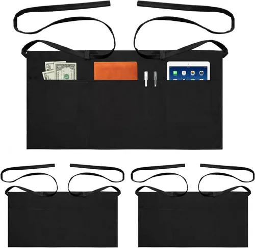 Miniatura 8 de Delantales de servidor con 3 bolsillos para camarera, cintura de camarera, delantal negro para mujeres y hombres, cocinero, cocina, hornear, 1