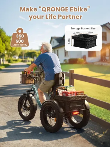 Miniatura 5 de QRONGE Triciclo eléctrico para adultos de 960 W pico, batería de 36 V 15 AH Ebike de 50 millas de alcance con canasta trasera grande, neumático