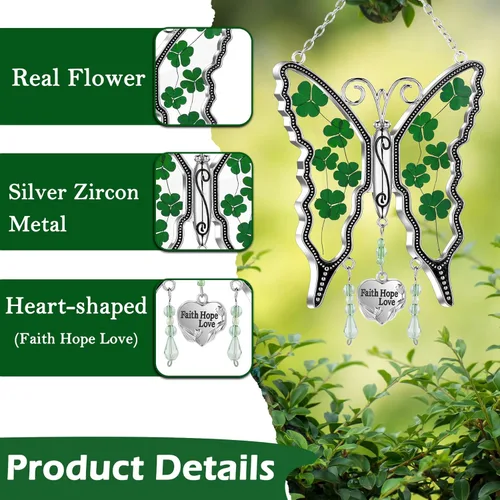 Miniatura 4 de KY&BOSAM Trébol mariposa atrapasoles Faith Hope Love Irish Catcher para ventana, adorno colgante celta, carillón de viento, alas de flores reales