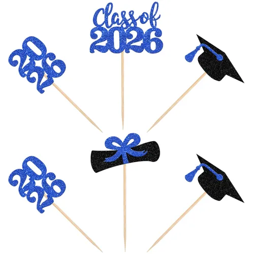 Miniatura 3 de 36 piezas 2026 decoraciones temáticas de graduación 2026 con purpurina para la clase de 2026 para graduación, diploma de graduación 2026, Azul
