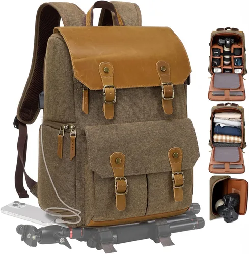 Miniatura 9 de Padwa Lifestyle Mochila para cámara profesional color negro y gris – Retro Crazy Horse Art Bolsa grande para cámara con múltiples cámaras