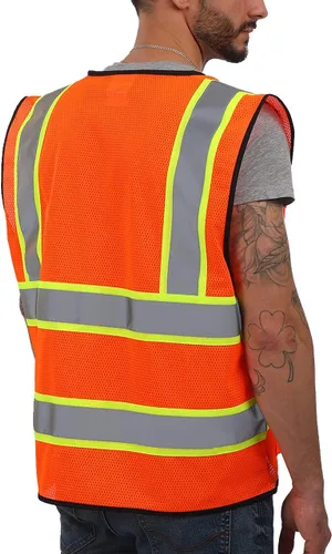 Miniatura 2 de Dib Safety - Chaleco reflectante de malla de alta visibilidad de dos tonos con bolsillos y cremallera, conforme a la clase 2 ANSI, malla naranja