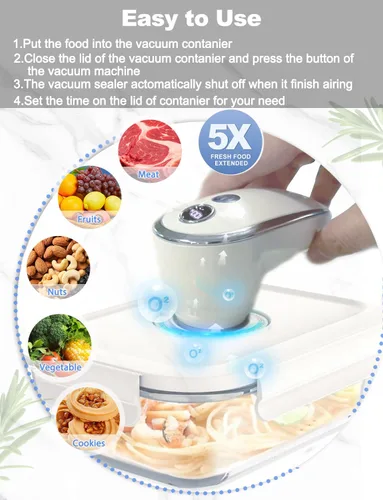 Miniatura 7 de WanshengLe - Sellador al vacío de mano con recipiente de vacío de vidrio y 5 bolsas de vacío reutilizables, máquina selladora al vacío compacta