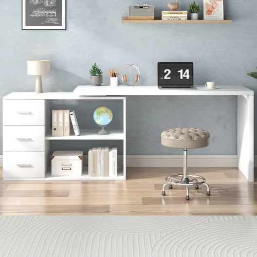 Miniatura 9 de HSH Escritorio Blanco en Forma de L con Cajones y Estantes, Escritorio de Esquina para Oficina en Casa en Forma de L con Gabinete de Almacenamiento