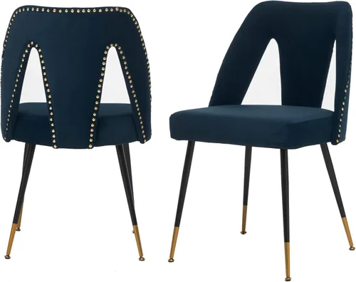 Aoowow Juego de 2 sillas de comedor modernas, sillas laterales tapizadas de terciopelo con cabezas de clavos y patas de metal negro con punta Azul