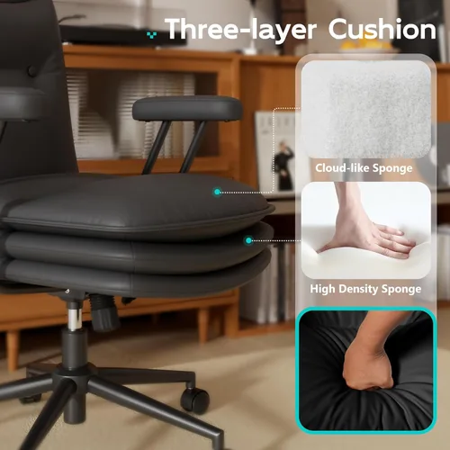 Miniatura 8 de Silla de oficina negra con asiento ancho grueso de triple capa, silla de escritorio de cuero con respaldo medio con ruedas y brazos, silla